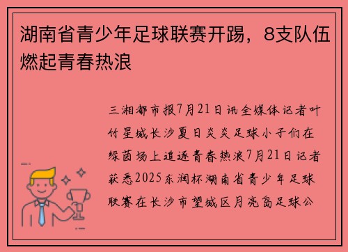 湖南省青少年足球联赛开踢，8支队伍燃起青春热浪